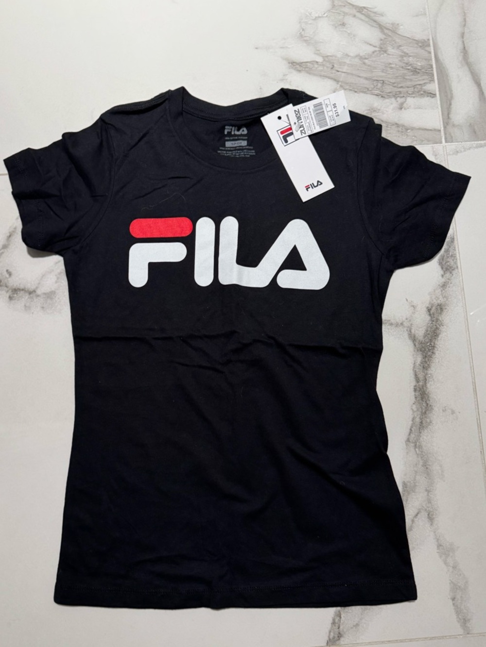 FILA Black Tee with White Logo and Red Detail